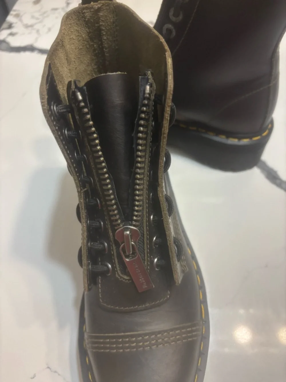 Dr. Martens Black Leather Front-Zip Lace-Up Boots with Yellow Stitching - Picture 5 of 7
